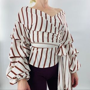 Luxxel Puff Ruched Sleeve Stripe Wrap Top